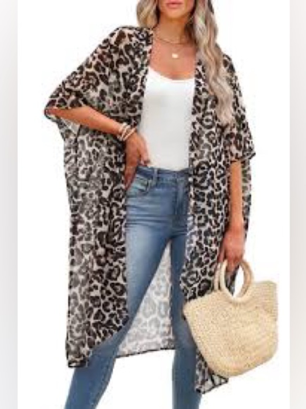 Leopard Print Sheer Kimono Cardigan - Black & Cream Plus Size 3 XL